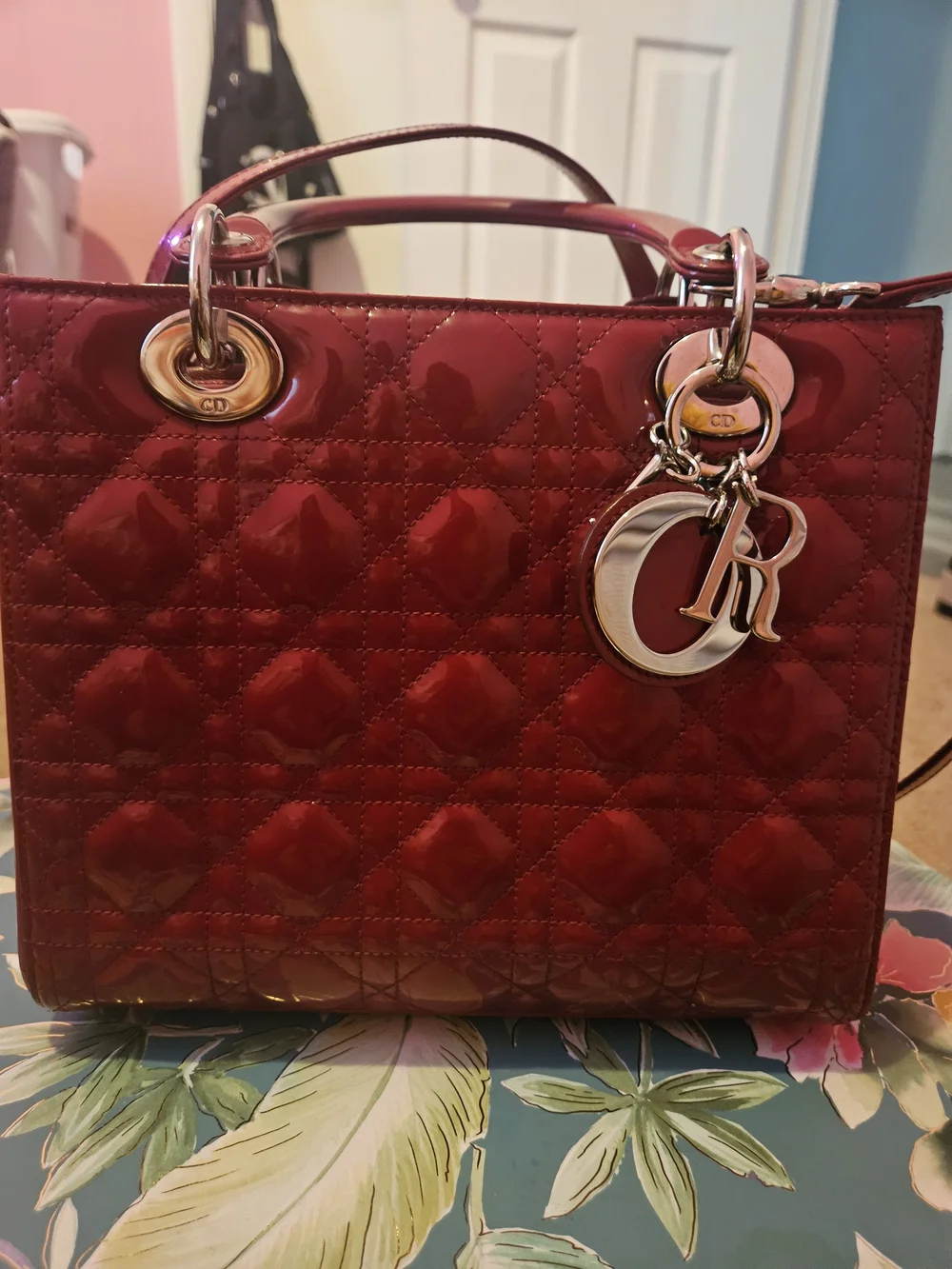 Dior Patent Leather Lady Dior Tote - Red